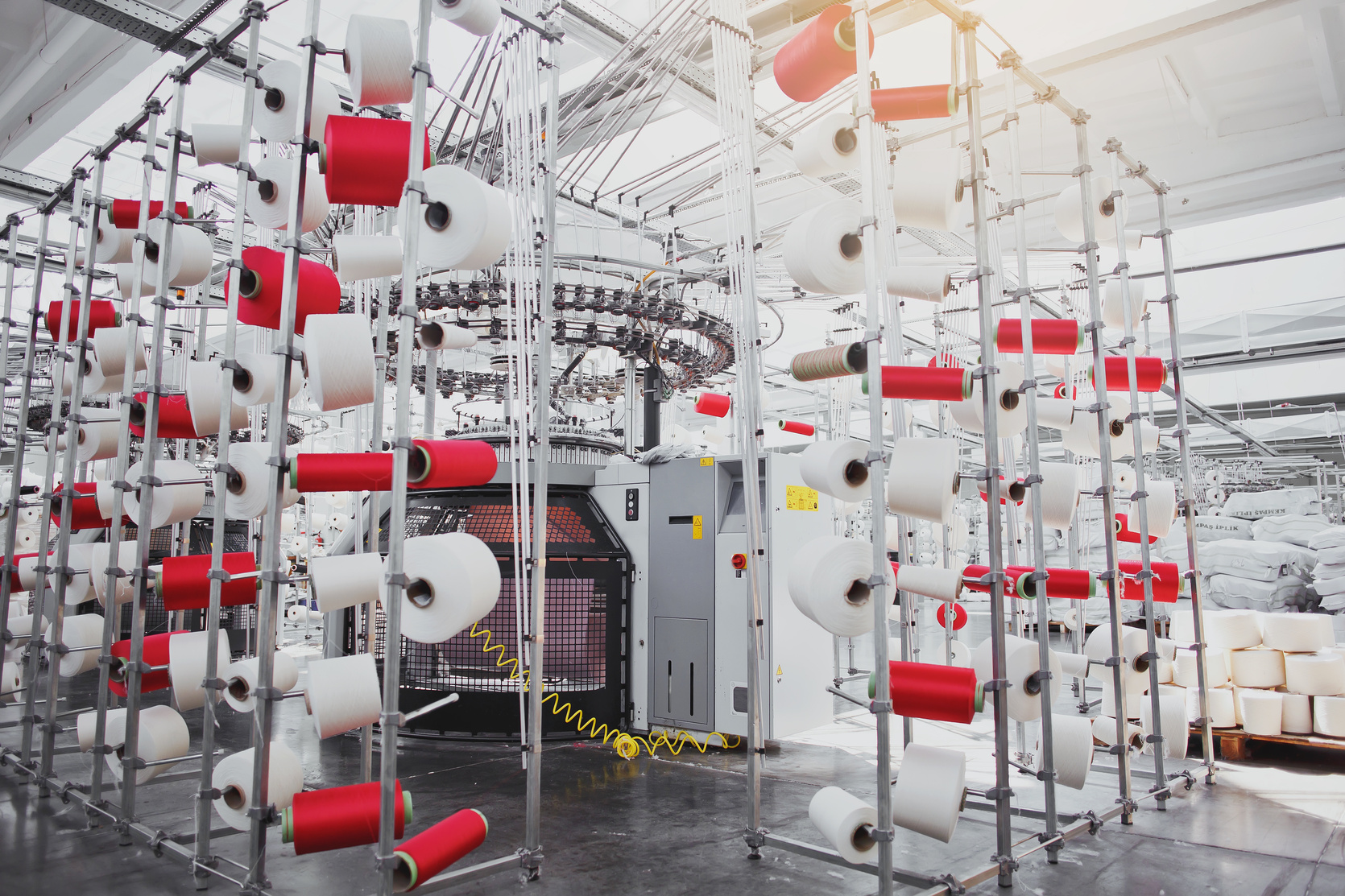 Textile Manufacturing. Circular knitted fabric. Textile factory in spinning production line and a rotating machinery and equipment production company. Clothing industry. Manufacturing textile fabrics.